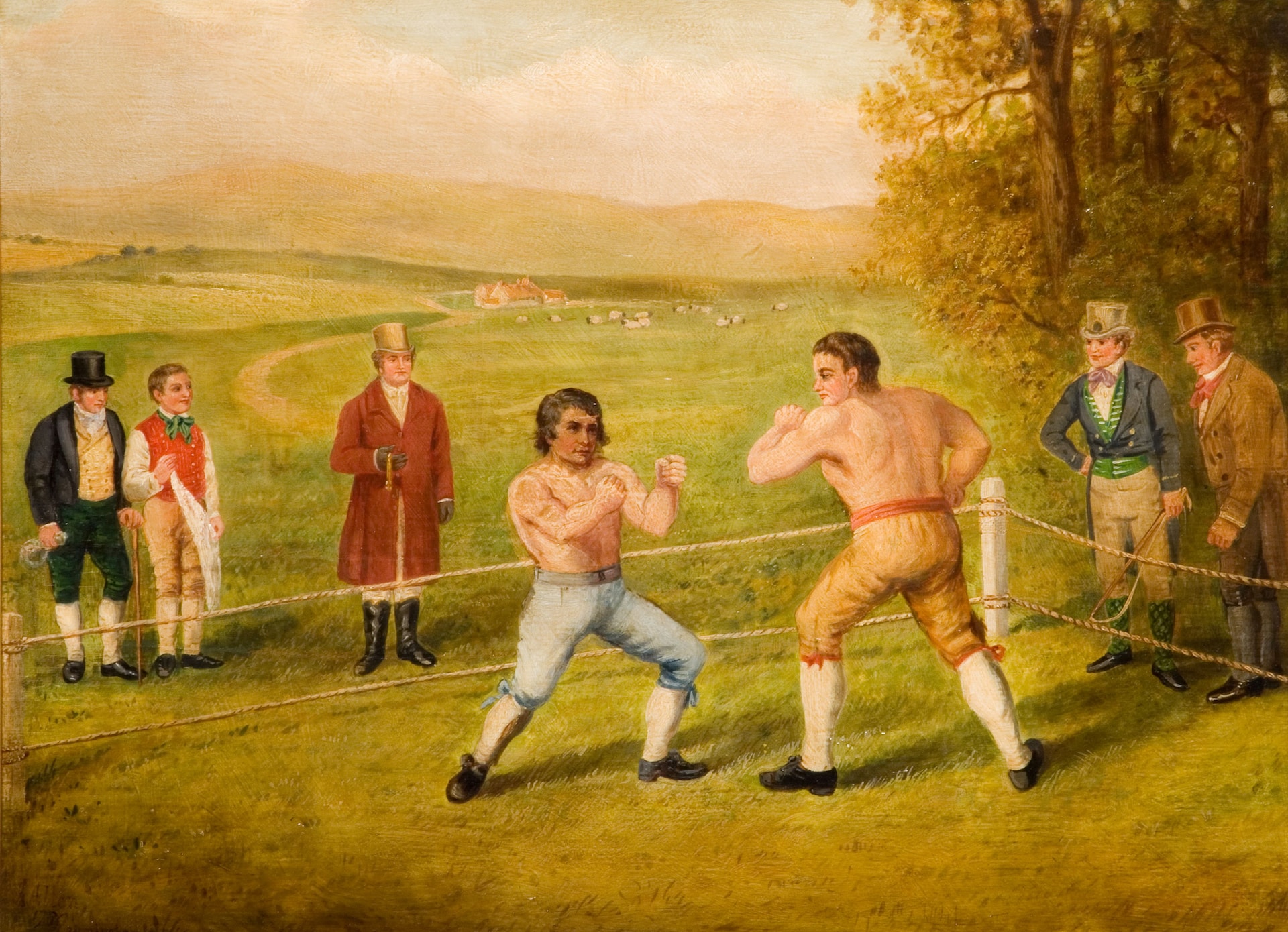 Une représentation d'un combat de boxe clandestin avec des nobles autour.